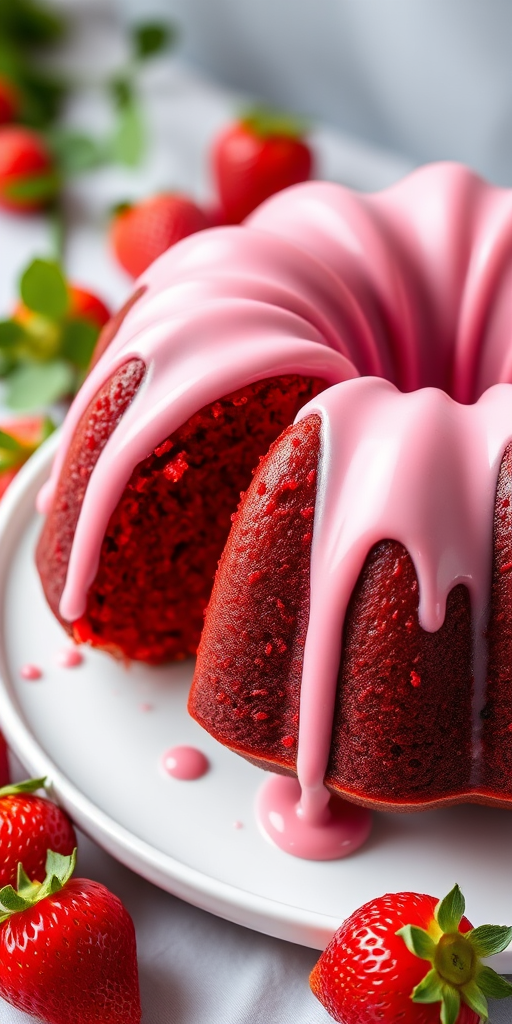Generate an image of a red velvet bundt cake with a smooth pink icing drizzled on top the cake should be displayed on a white plate with a blurred background featuring fresh strawberries and greenery for a vibrant and inviting look.