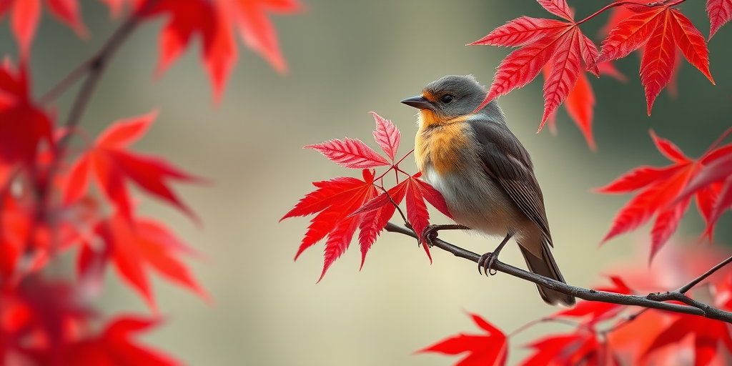 A detailed illustration of a bird perched on a branch with vibrant red maple leaves, soft focus background, macro lens, f/2.8 aperture, 100mm focal length, natural lighting, high-resolution digital art.