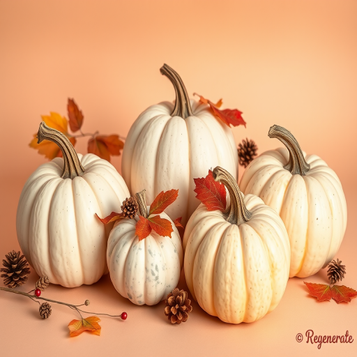 Regenerate the image of three pumpkins with a decorative arrangement of autumn leaves, pinecones, and berries on a soft peach background using a DSLR camera with a 50mm lens, f/2.8 aperture, ISO 100, and natural soft lighting.