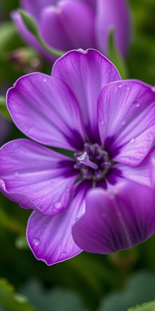 macro shot of a close-up purple ranunculus flower with droplets of water on the petals, soft-focused green foliage in the background, ISO 100, aperture f/2.8, shutter speed 1/200s, 50mm lens, shot with a DSLR camera