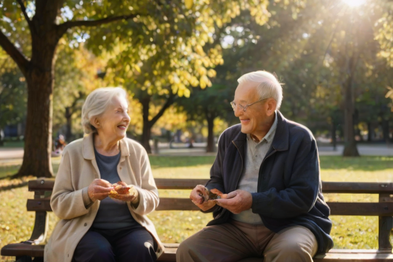 Blurry candid shot of an elderly couple sitting on a park bench, sharing a warm smile as they feed birds, soft sunlight filtering through the trees and casting a warm glow.