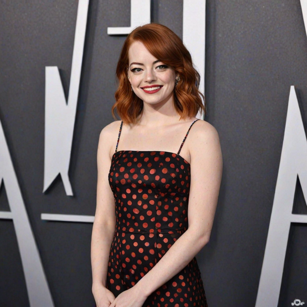 Charismatic "Emma Stone" flashing her signature smile, wearing a vintage-inspired polka dot dress, channeling her La La Land character's charm, with her vibrant red hair styled in loose waves, standing in front of a classic Hollywood backdrop