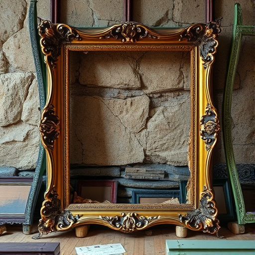 Create a hyper-realistic image of a vintage ornate frame partially destroyed, revealing textured layers of earth and stone behind it, with dramatic lighting, using a Canon EOS R5 with a 50mm f/1.2 lens, aperture set to f/2.8, ISO 100, and a soft-focus background for depth.