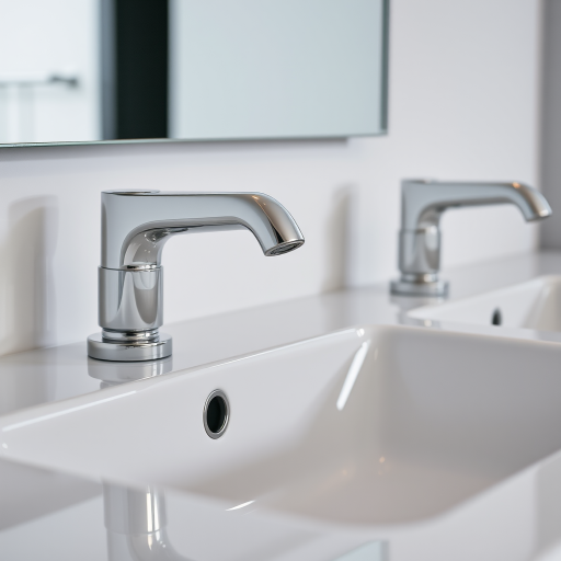 Create a high-resolution image of a modern bathroom sink with polished chrome faucets, soft lighting, 50mm lens, f/2.8 aperture, ISO 100, captured from a three-quarters angle to enhance depth and detail.