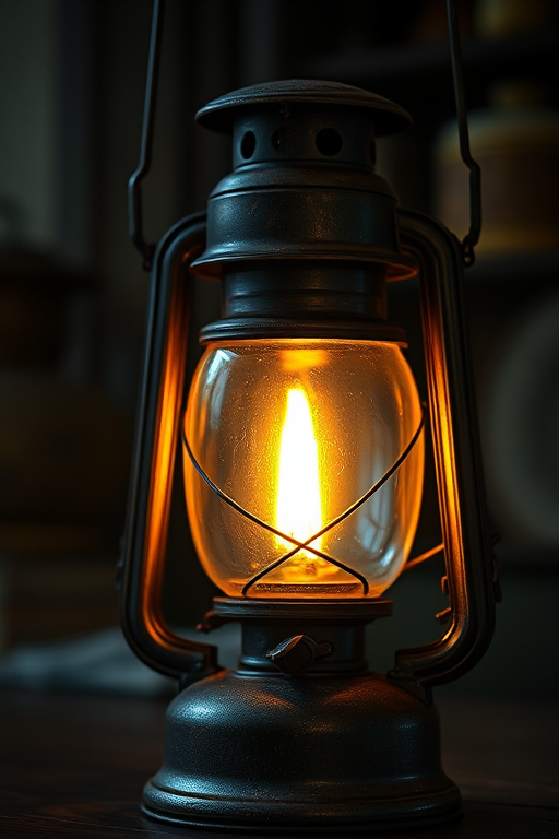 Create a high-resolution image of a vintage oil lantern with a glowing flame, captured in low light with a shallow depth of field using a DSLR camera at f/1.8, ISO 400, and a 50mm lens, from a slightly low angle to emphasize the lantern's details and texture.