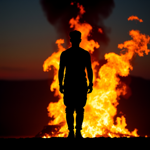 Create an image of a silhouetted figure standing confidently in front of a fiery background, with flames engulfing its body, shot at dusk with a shallow depth of field, using a DSLR camera at ISO 100, f/1.8 aperture, 50mm lens, capturing dramatic lighting and vibrant colors.