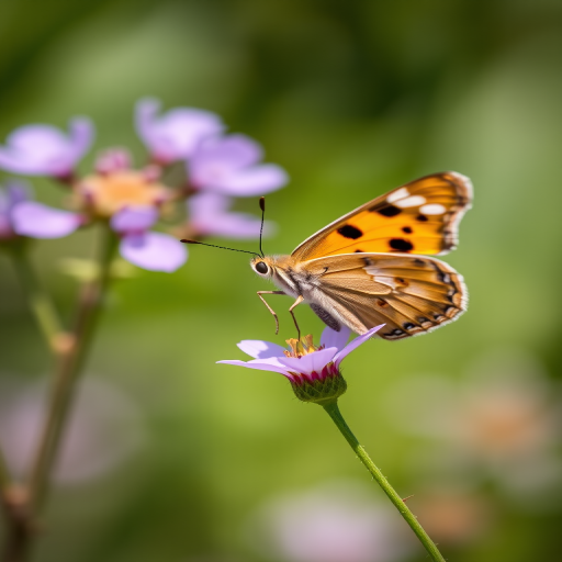 A close-up shot of a butterfly perched on a delicate purple flower, softly blurred green background, macro lens, aperture f/2.8, shutter speed 1/250 sec, ISO 200, natural sunlight.