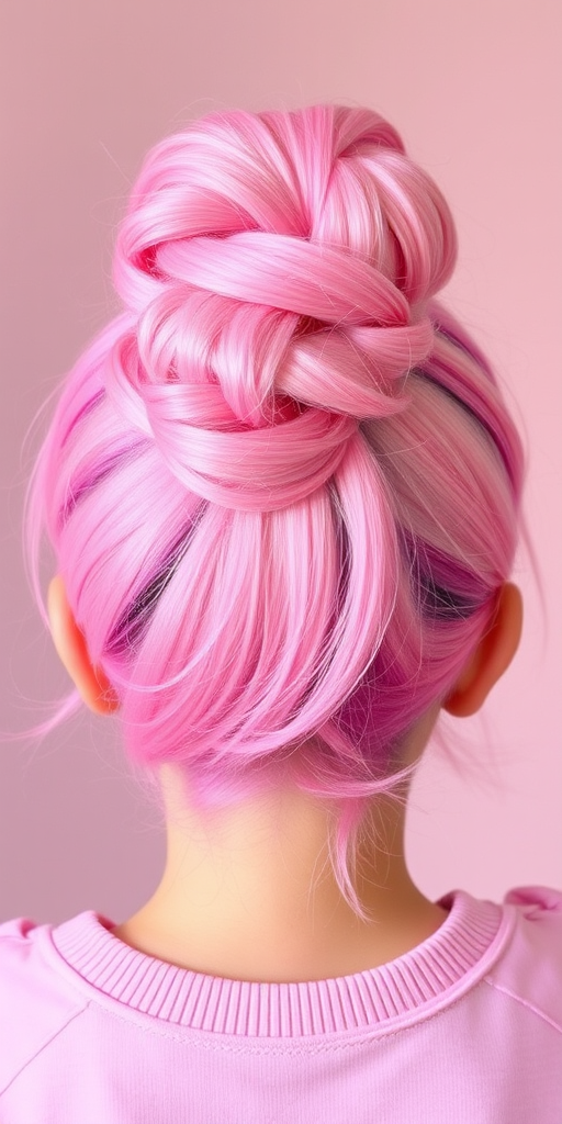 Playful bubblegum pink space buns, known as "Cotton Candy Dreams," feature a fun and youthful style with pastel pink hues and a touch of glitter