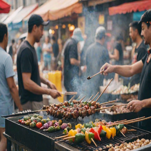 Blurry, candid shot of a street vendor grilling skewers at an outdoor market, soft smoke rising from the grill, with colorful produce and lively shoppers blurred in the background.