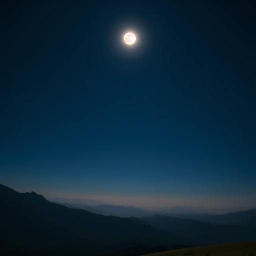 A serene night landscape featuring distant mountains under a full moon, captured with a Canon EOS R5, 24mm lens, f/8 aperture, ISO 100, shutter speed 1/125 sec, wide-angle view, and HDR style for enhanced details and contrast.