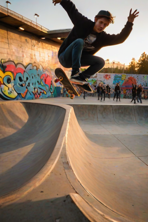 Blurry action shot of a skateboarder mid-air at a skatepark, sunset in the background, colorful graffiti on the ramps and walls, soft shadows stretching across the concrete, a small crowd gathered in the distance, some holding up phones to capture the moment.
