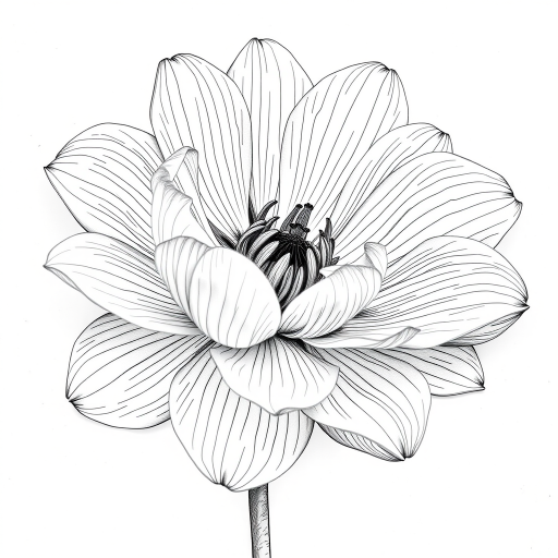 Create a highly detailed line drawing of a blooming flower, unexpected angles with intricate petal textures, use a DSLR camera with a 50mm lens, aperture set to f/2.8, ISO 100, natural light, soft focus background.