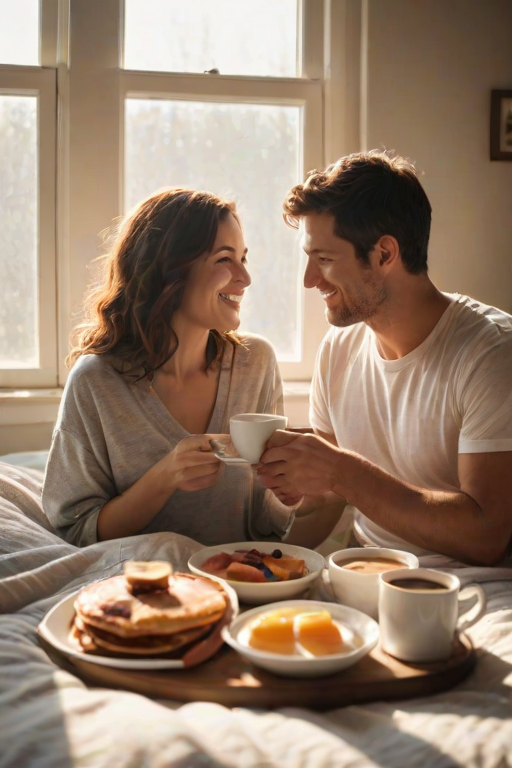 Warmly lit image of a couple sharing a cozy breakfast in bed, soft sunlight streaming through a nearby window, with the smell of freshly brewed coffee and pancakes in the air.