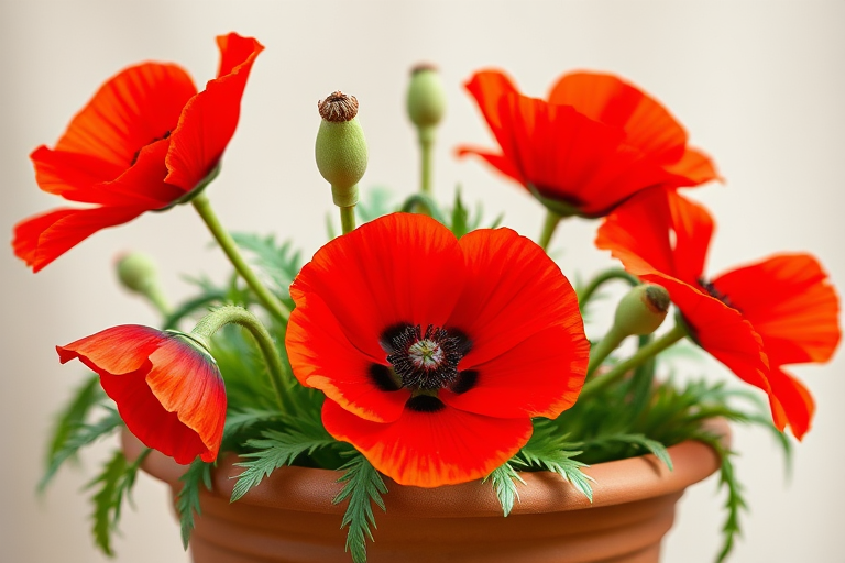 Create an illustration of red poppy flowers in a brown pot with green leaves, using a DSLR camera with a macro lens, f/2.8 aperture, 1/200 sec shutter speed, and 100 ISO, capturing a vibrant and detailed view.