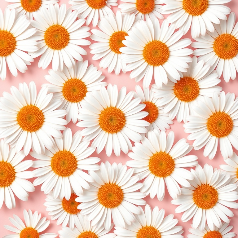 Create a seamless floral pattern featuring white daisies with orange centers on a soft pink background, taken with a Canon EOS 5D Mark IV, 50mm lens, f/2.8 aperture, ISO 100, in a flat lay style for enhanced clarity and detail.