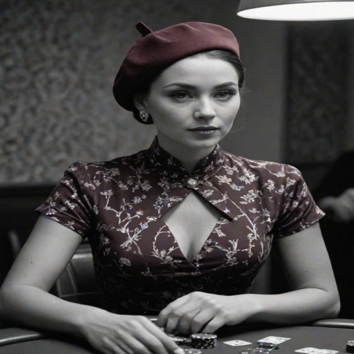 a beautiful woman,Chignon,Burgundy,dressed in a printed day dress with a belted waist and a beret,Play a strategic game of poker with a cool and collected demeanor,extremely beautiful masterpiece contest winner Ultra Detailed Highres,Fujifilm Neopan 100,volumetric lighting