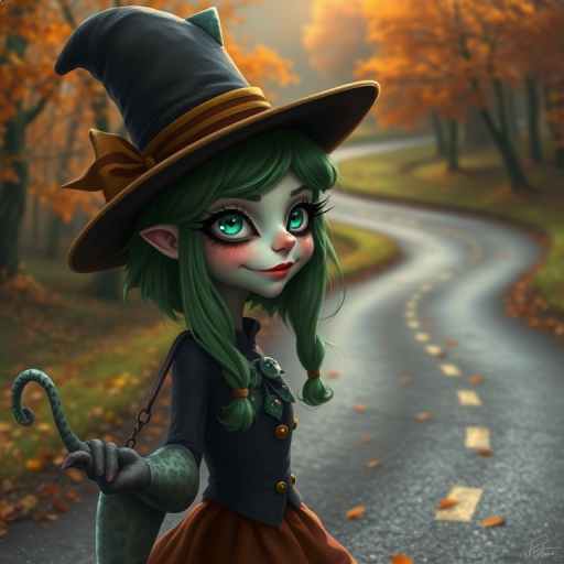 digital art fantasy depicting a strange girl with green hair, long eyelashes, orange lipstick and a tall hat walking along a winding road on an autumn afternoon, an Eel smiles as she passes