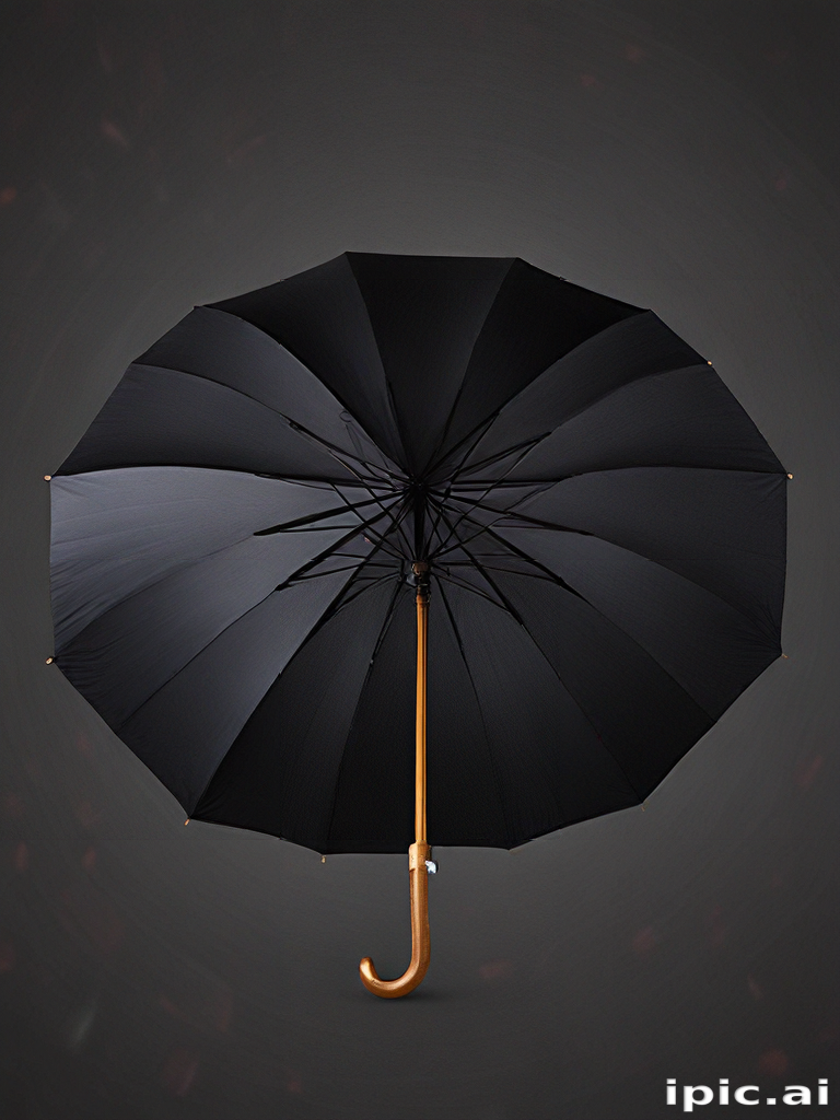 Elegant Black Umbrella with a Classic Wooden Handle Against Dark Background