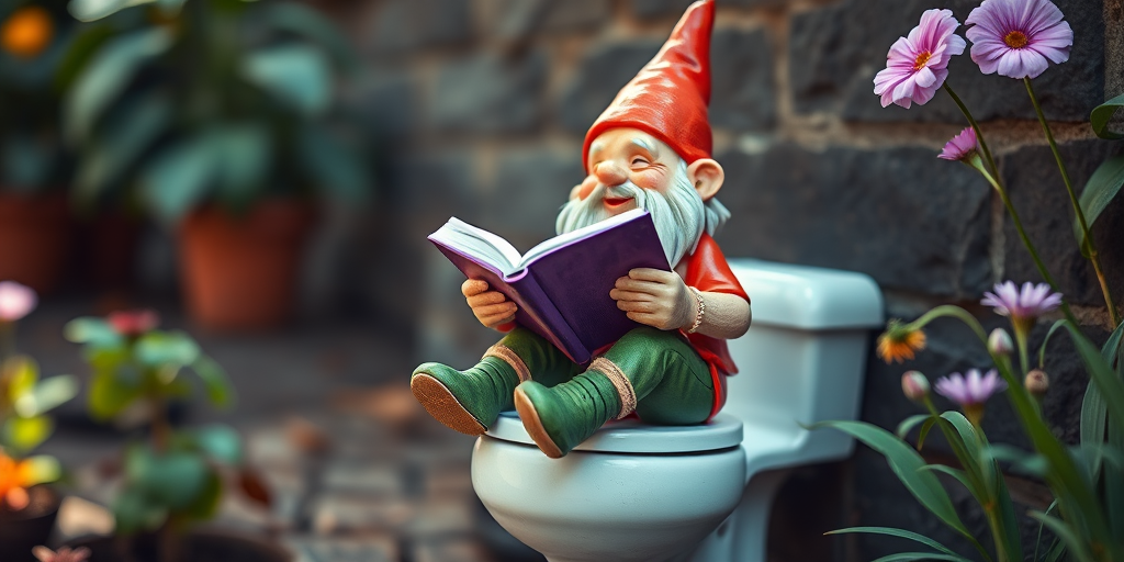 A whimsical garden gnome sitting on a toilet reading a book, vibrant details and textures, soft natural lighting, shot with a DSLR camera at f/2.8, 50mm lens, ISO 200, captured from a low angle for a playful perspective.