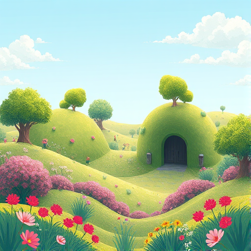 Create a vibrant digital illustration of a whimsical landscape featuring round green hills, trees with thick foliage, and colorful flowers, using a soft pastel color palette; camera type: digital, camera style: illustrative, camera view: wide-angle, settings: f/8 aperture, ISO 100, 24mm lens.