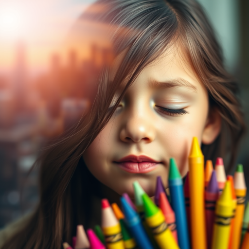a portrait of a young girl with closed eyes surrounded by colorful crayons, city skyline blending with her hair, soft focus, taken with a Canon EOS R5, 50mm lens, f/1.8 aperture, ISO 100, natural light, high dynamic range photography, vibrant colors