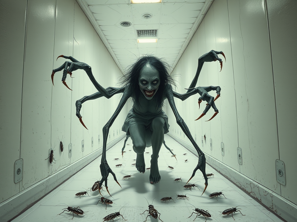 a crooked female with long arms and a creepy smile is crawling along a long white corridor and you can also see cockroaches in it there is a creepy atmosphere creepy art style