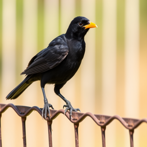 Capture a high-resolution image of a black bird with an orange beak and claws, perched on a fence, using a DSLR camera, 50mm lens, aperture f/2.8, shutter speed 1/500s, ISO 100, with a soft-focus background and natural daylight.