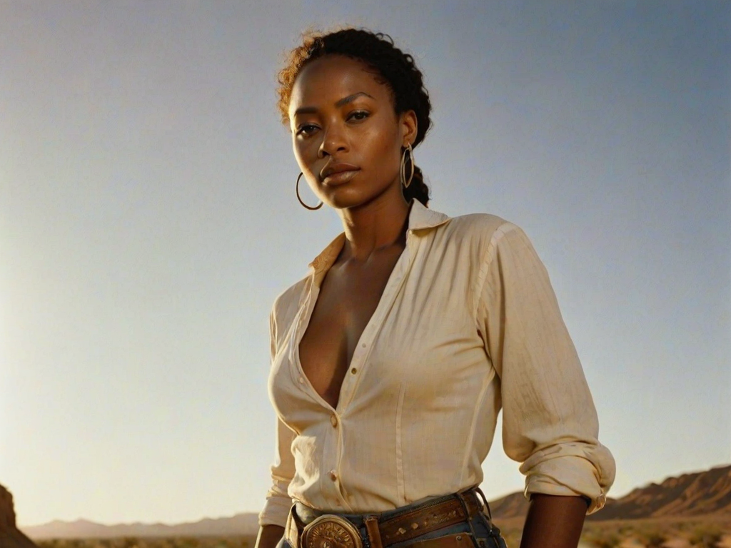 Dramatic photo of a beautiful Nubian woman, classic cowboy attire, confident and free spirit expression, half-length portrait, centered, golden hour desert landscape, warm, diffused light, low angle, medium format film camera, in style of Annie Leibovitz.