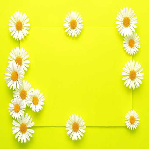 Create a vibrant illustration of a simple rectangular border decorated with white daisies along the edges, set against a bright green background, using a digital art style with a resolution of 300 DPI, captured from a flat lay view with a soft focus effect to enhance color contrast and sharpness.