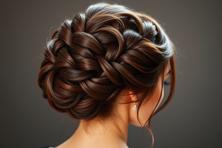 Luscious chocolate brown locks styled in the "Velvet Dream" updo, intricate braided crown encircling head, soft curls pinned artfully at nape, wispy tendrils escaping to frame face, rich mahogany lowlights adding depth, glossy finish enhancing natural shine