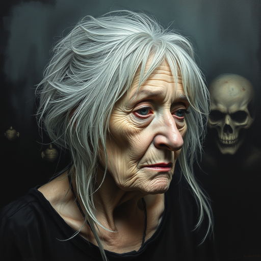 Final exit party. Dark Moody impasto dark picture edges. old woman. grey untidy hair streaked with white and pastel muted colours. include whole head and neck and shoulders. death lurks in the background.