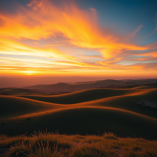Create a high-resolution image of a serene landscape with rolling hills and a vibrant sunset sky, shot with a Canon EOS R5 at f/8, ISO 100, 24mm focal length, using a wide-angle lens for a panoramic view.