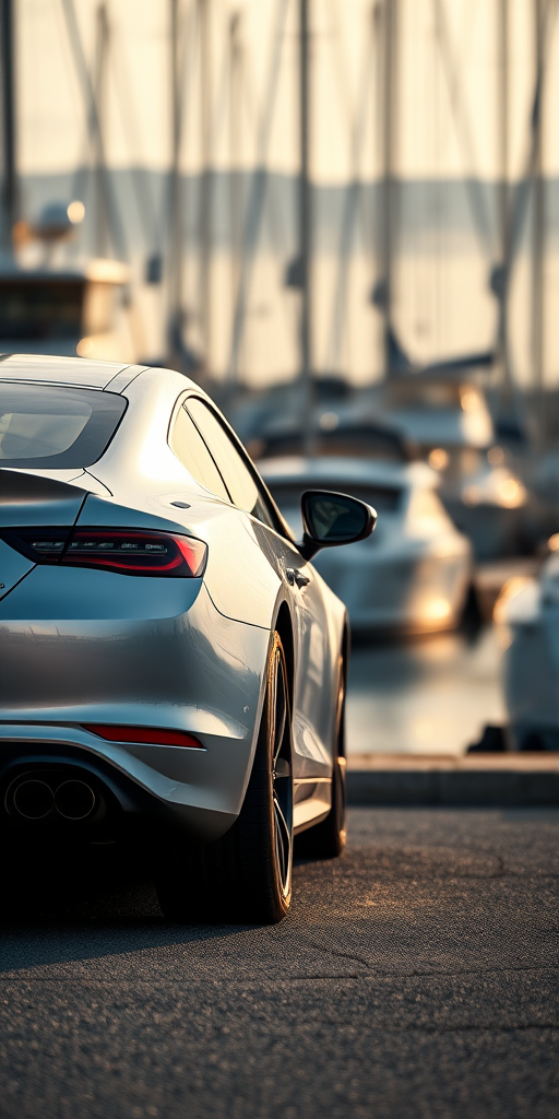 Create a high-resolution image of a silver car parked at a marina with blurred boats in the background, captured with a Canon EOS R5, using a 50mm lens, aperture f/1.8, shutter speed 1/1000s, ISO 100, and a focus on the car's rear while maintaining a soft bokeh effect on the background.