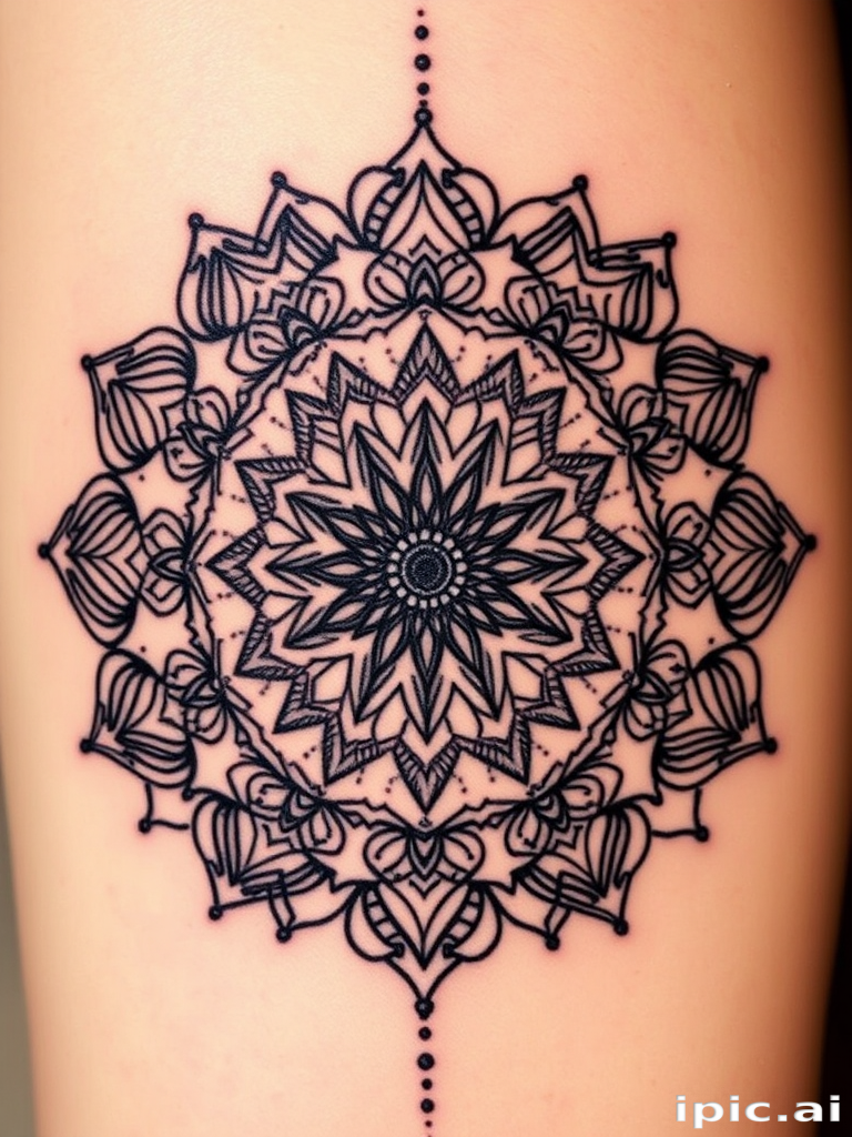 Dotwork mandala tattoo featuring intricate patterns and gradual shading, creating a three-dimensional illusion, incorporating sacred geometry, called "Dimensional Harmony"