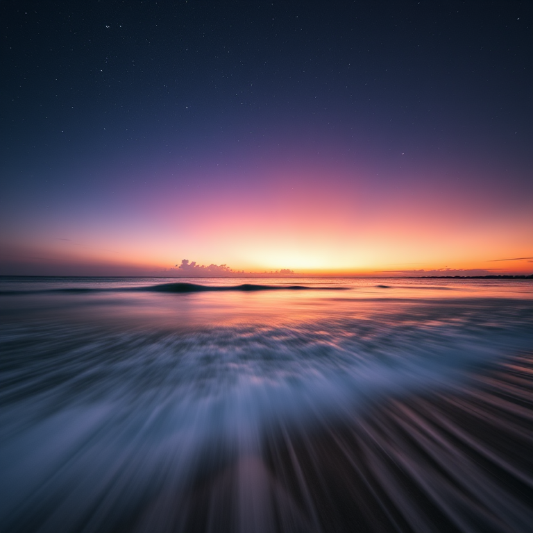 capture a serene ocean scene at dusk with a starry sky, ISO 100, aperture f/8, shutter speed 15s, wide-angle lens, tripod, long exposure to enhance light and color transitions