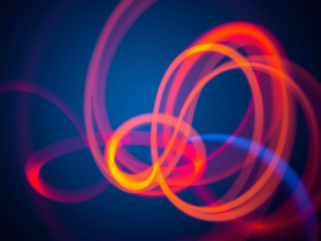 Generate an abstract image of swirling light trails in vibrant colors against a deep blue background, captured with a Canon EOS R5, using a 24-70mm f/2.8 lens, at f/8, ISO 100, and a shutter speed of 1/250s, with a wide-angle view to enhance depth and perspective.