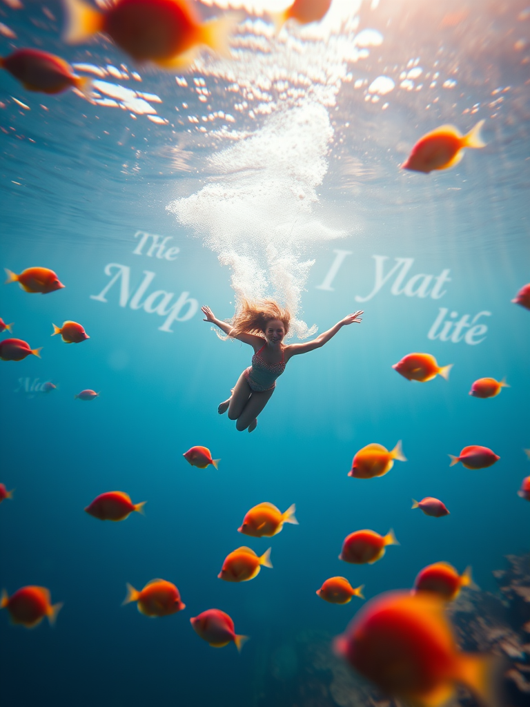 Create an underwater scene featuring a serene figure swimming gracefully among colorful fish, with abstract, flowing text elements in the background, captured with a Canon EOS R5, 50mm f/1.2 lens, at f/2.8, ISO 100, using a shallow depth of field for a dreamy effect.