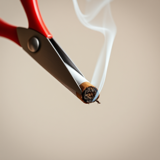 Create an image of a cigarette being cut in half by a pair of red scissors with smoke rising from the cut end, captured in macro view with a shallow depth of field, using a DSLR camera set to f/2.8, ISO 100, and a 50mm lens, in soft natural lighting on a neutral background.