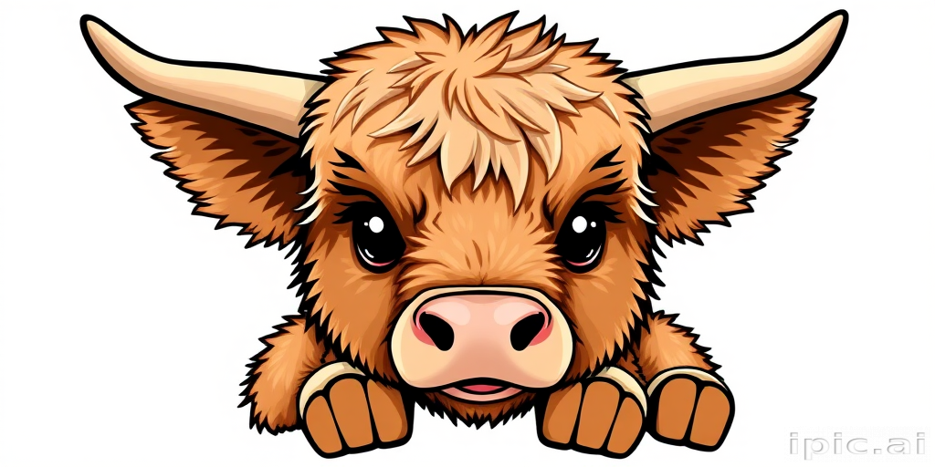 sticker design, adorable, furry, baby, highland cow, white background