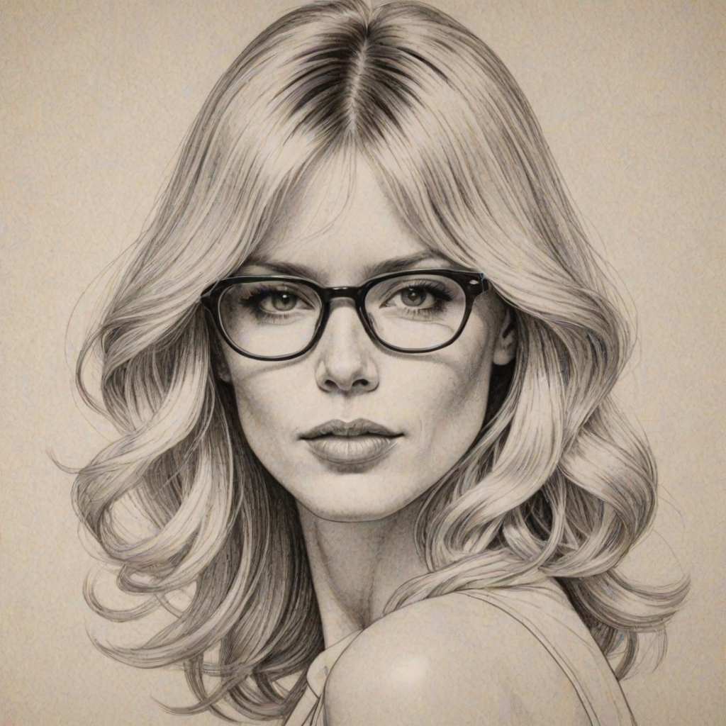 Gorgeous Claudia Schiffer, pencil sketch, portrait of Captivating woman 1920s in glasses, hair style beatnik, outline, clear lines, fine lines, 8k