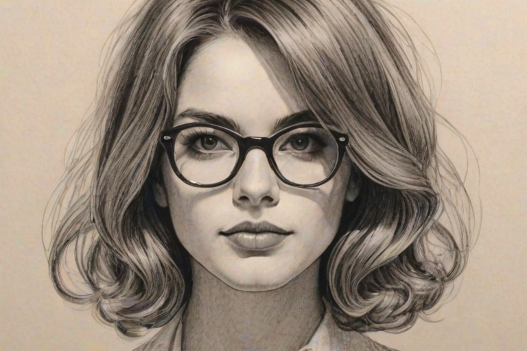 Exquisite Dylan Gelula, pencil sketch, portrait of Magnificent woman 1969s in glasses, hair style beatnik, outline, clear lines, fine lines, 8k