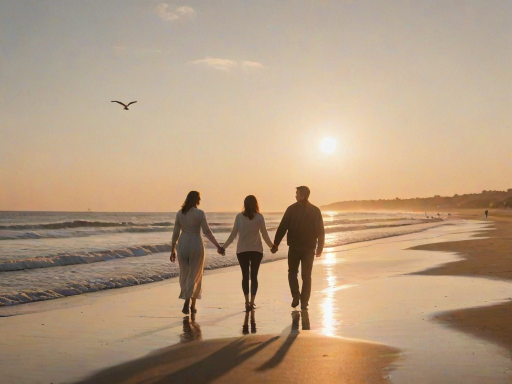 Warmly lit image of a couple walking hand-in-hand along a beach at sunset, soft glow from the fading light casting long shadows, with distant seagulls flying overhead and waves gently crashing against the shore.