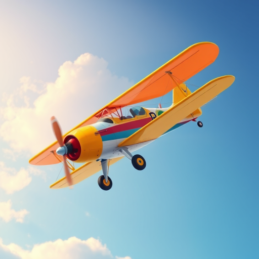 Illustrate a colorful biplane flying in a clear sky, captured with a Canon EOS R5, 50mm lens, f/2.8 aperture, ISO 100, aerial view, vibrant cartoon style, high resolution.