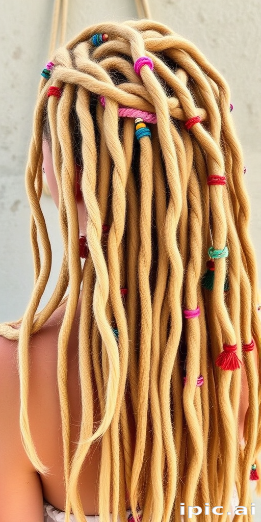 Boho-chic hair style showcasing sun-bleached blonde dreadlocks adorned with colorful threads and beads for a free-spirited look