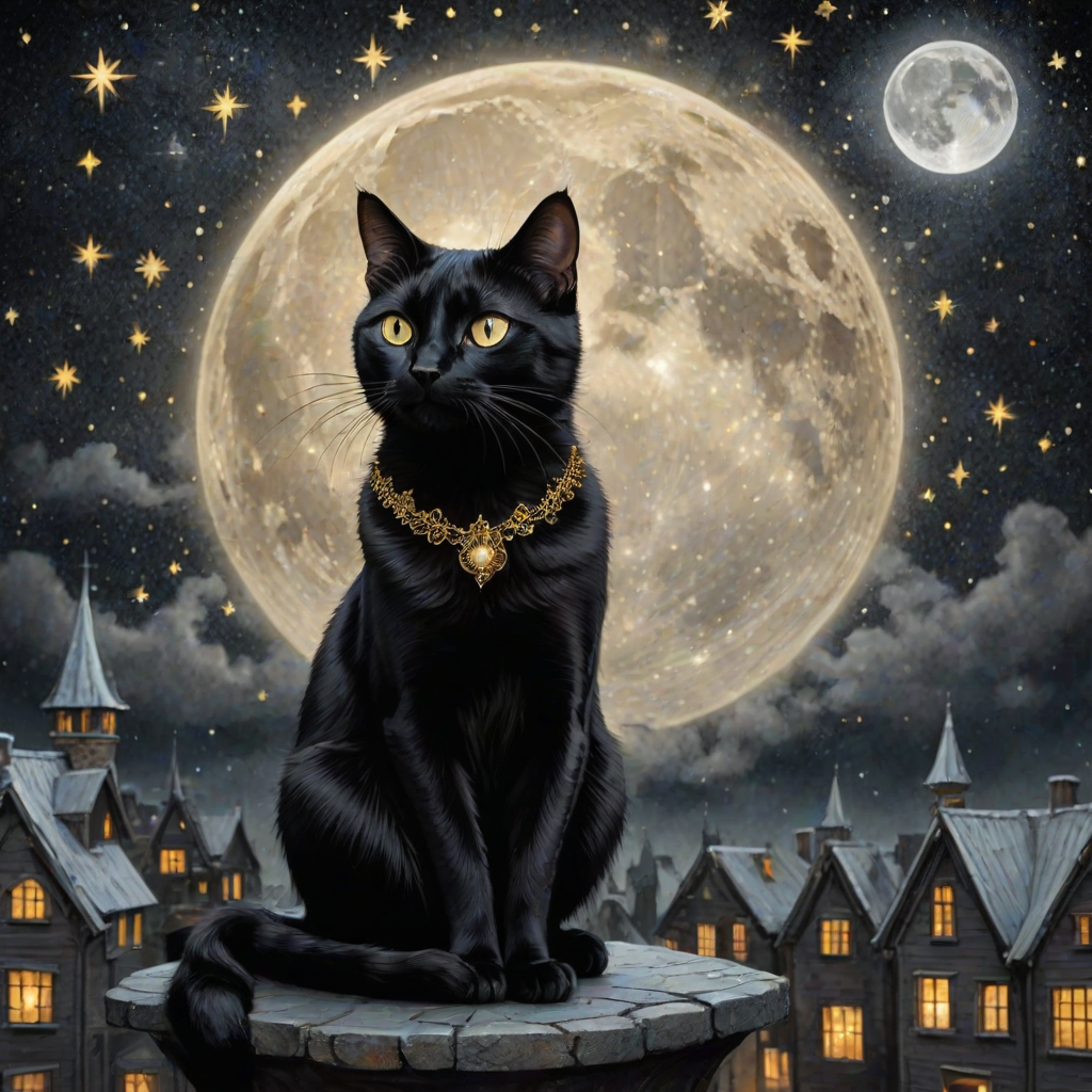a stylized black cat with iridescent golden arabesques all over its body, on a grungy smoky black background with matching celestial designs, a full moon with silhouettes of lit houses, bright shooting stars, dazzling, magical BG, reminiscent of Christmas wonderland