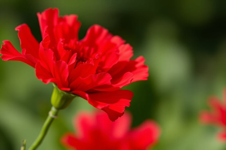 Close-up of a vibrant red carnation flower with sharp focus and blurred green background, taken with a DSLR camera at f/2.8 aperture, ISO 100, 50mm lens, natural light, macro photography style.