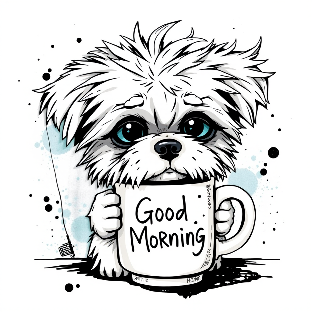 A quirky, artistic illustration of a disheveled chinaranian dog breed with exaggerated, large eyes and spiky fur, holding a coffee mug that reads "Good Morning". The dog has a tired but humorous expression, with ink splatters and abstract details surrounding it, giving a whimsical feel to the image. The color palette is mostly monochrome with hints of blue in the eyes and steam rising from the mug, enhancing the overall sleepy vibe