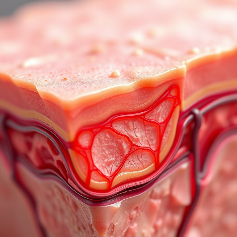 Create a high-resolution 3D rendering of a cross-section of human skin showing the dermis and epidermis layers with detailed blood vessels and nerve endings, using a macro lens, aperture f/2.8, ISO 100 for clarity, and a soft-focus background.