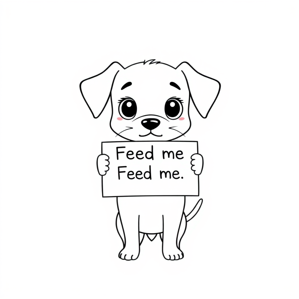 A minimalist cartoon of a PUPPY standing on a blank white background, holding a sign that simply says, 'Feed me.' The puppy is drawn with just a few lines: big eyes, whiskers, floppy ears, and a straight tail, giving it a comically desperate expression.
