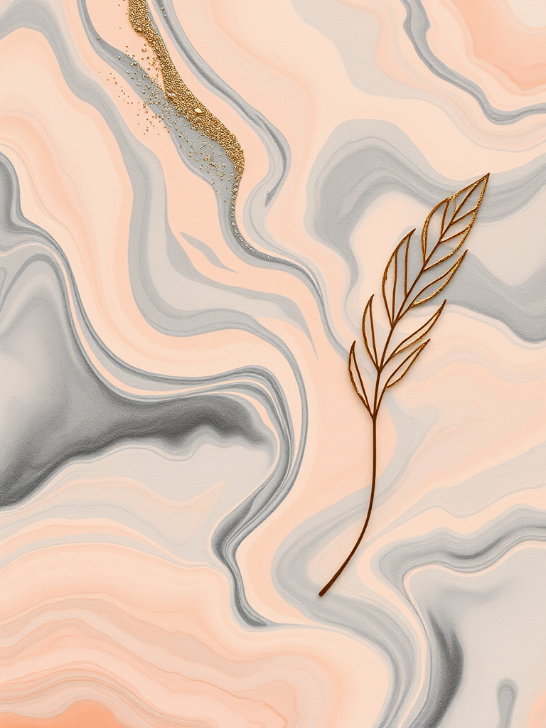 Create an abstract art piece featuring soft peach and gray fluid swirls, accented with gold speckles and a delicate line drawing of a leaf on one side, using a Canon EOS R5 with a 50mm lens, f/1.8 aperture, ISO 100, and a soft focus background.